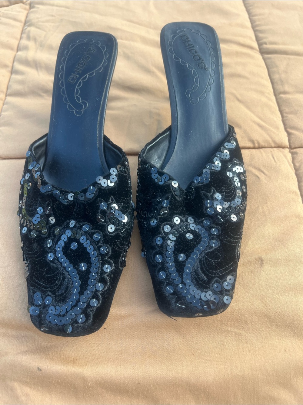 Chico's Y2K Black Sequin Mules - Slip-On 2” Low Heel Size 8